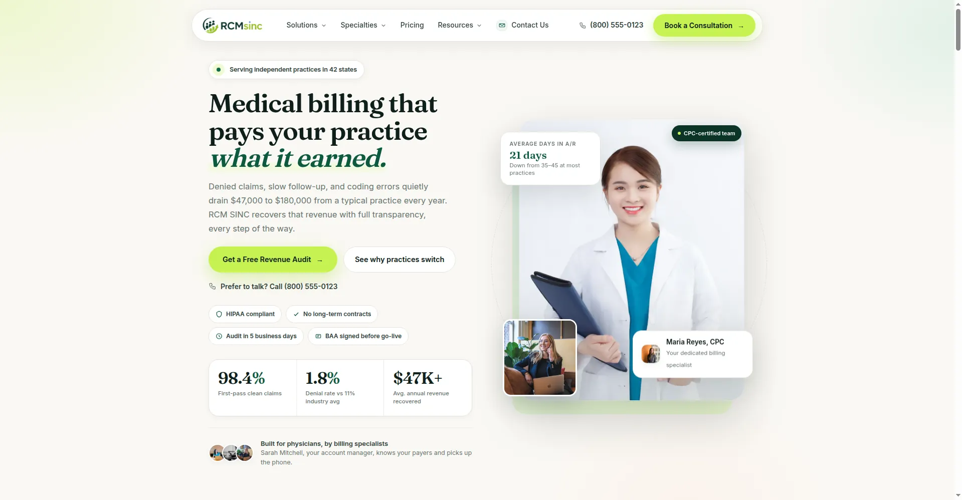 Homepage screenshot of RCMS Inc