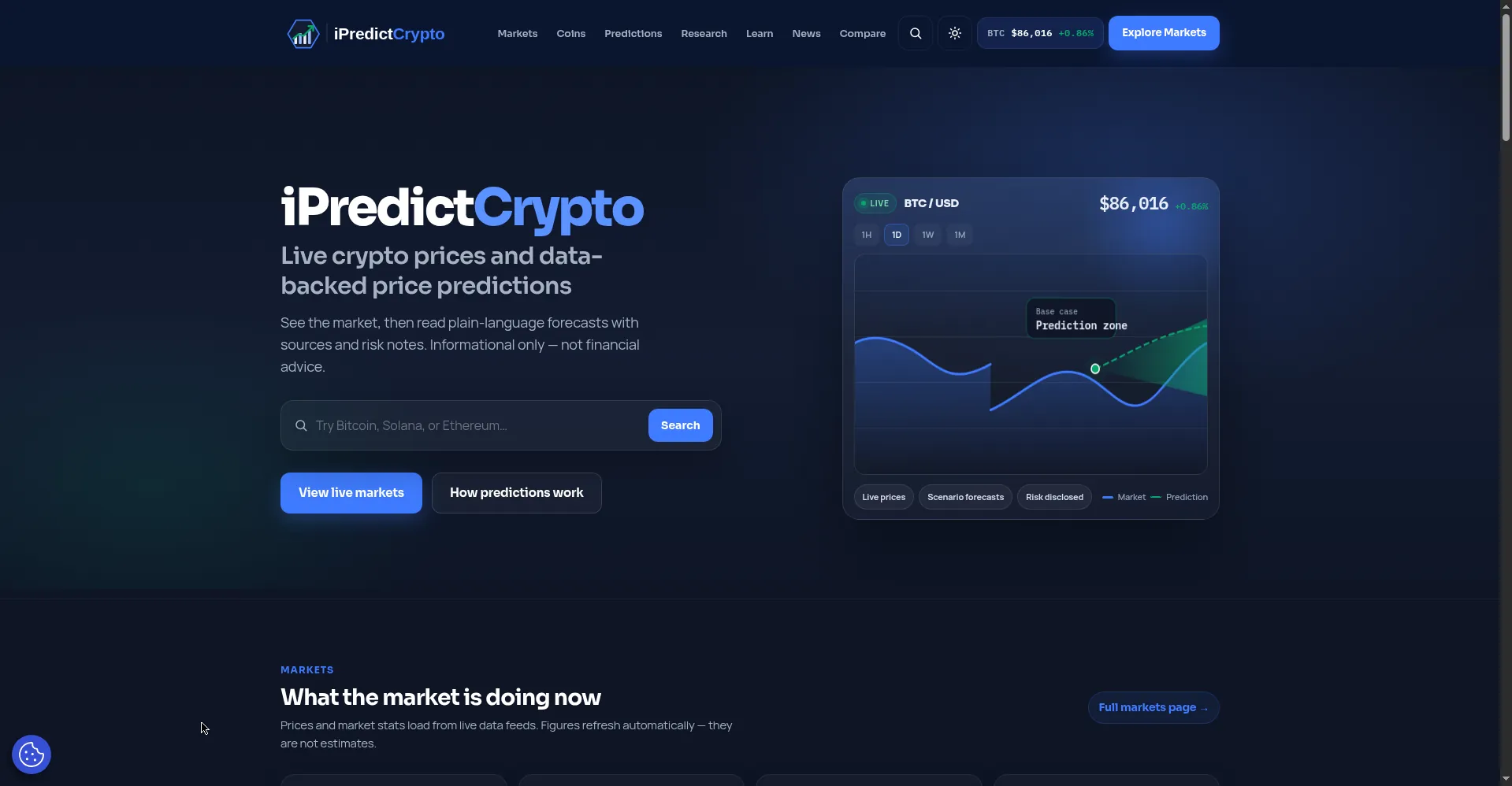 Homepage screenshot of iPredictCrypto