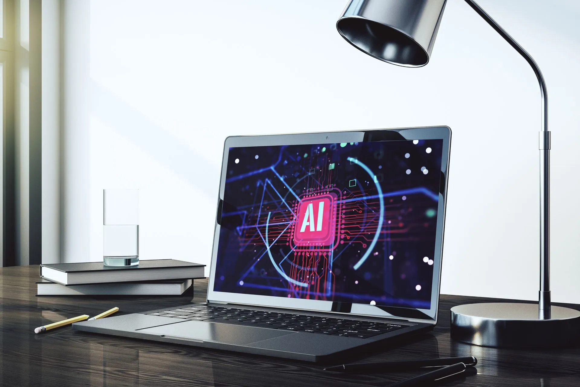 Laptop on an office desk displaying an AI assistant interface for brand citation research